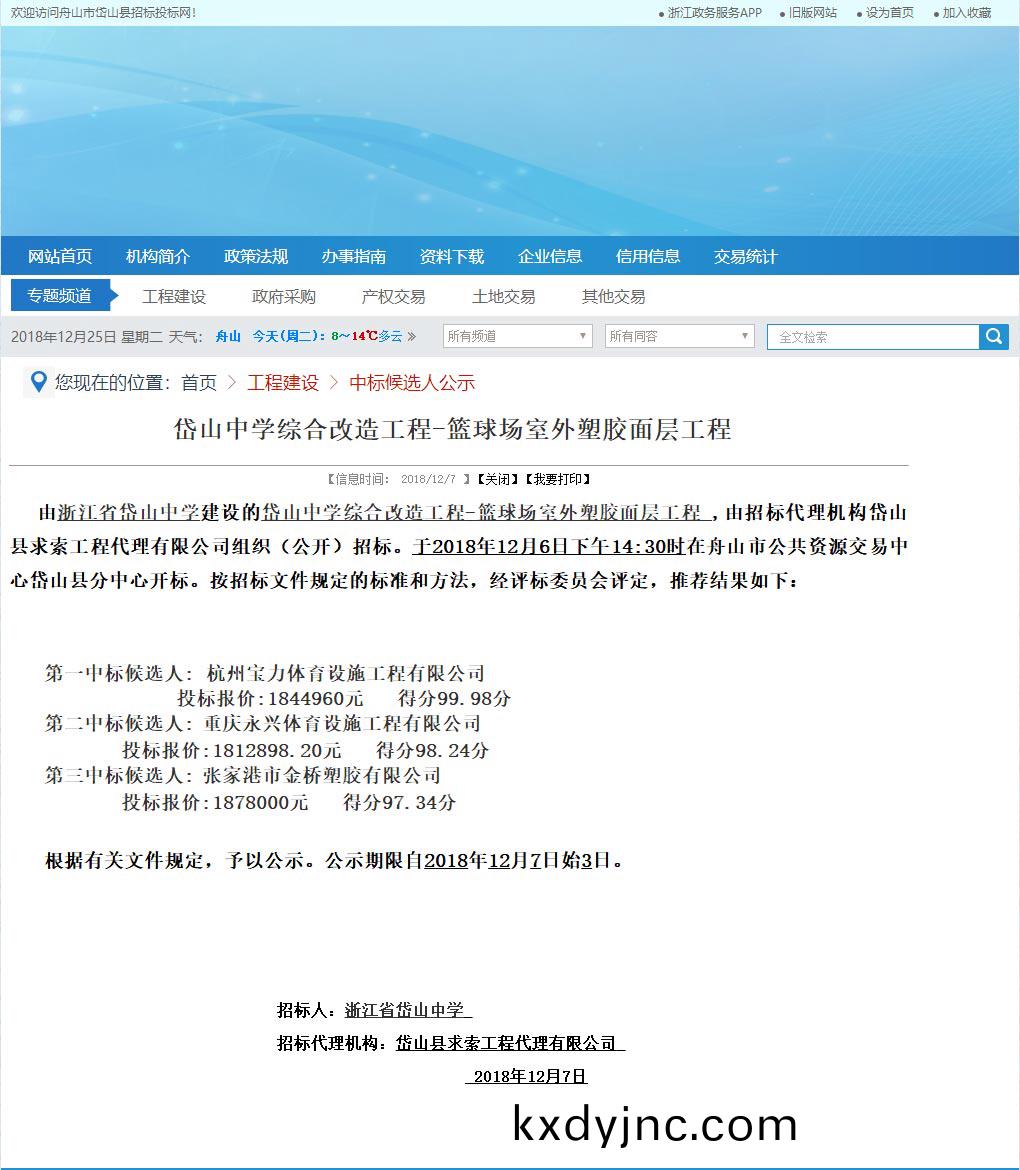 淛江杭(hang)州寶力體(ti)育設(she)施工程有限公司中標岱(dai)山中學室外籃毬場塑膠麵層改造(zao)工(gong)程