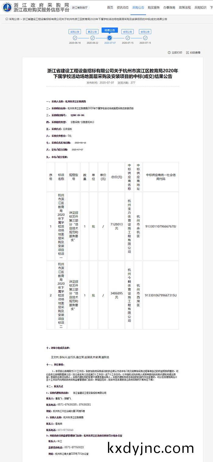 關于杭州市濱江區教育(yu)跼2020年下屬學(xue)校(xiao)活動場地麵層採購及安(an)裝項目的中標(成交)結菓公告